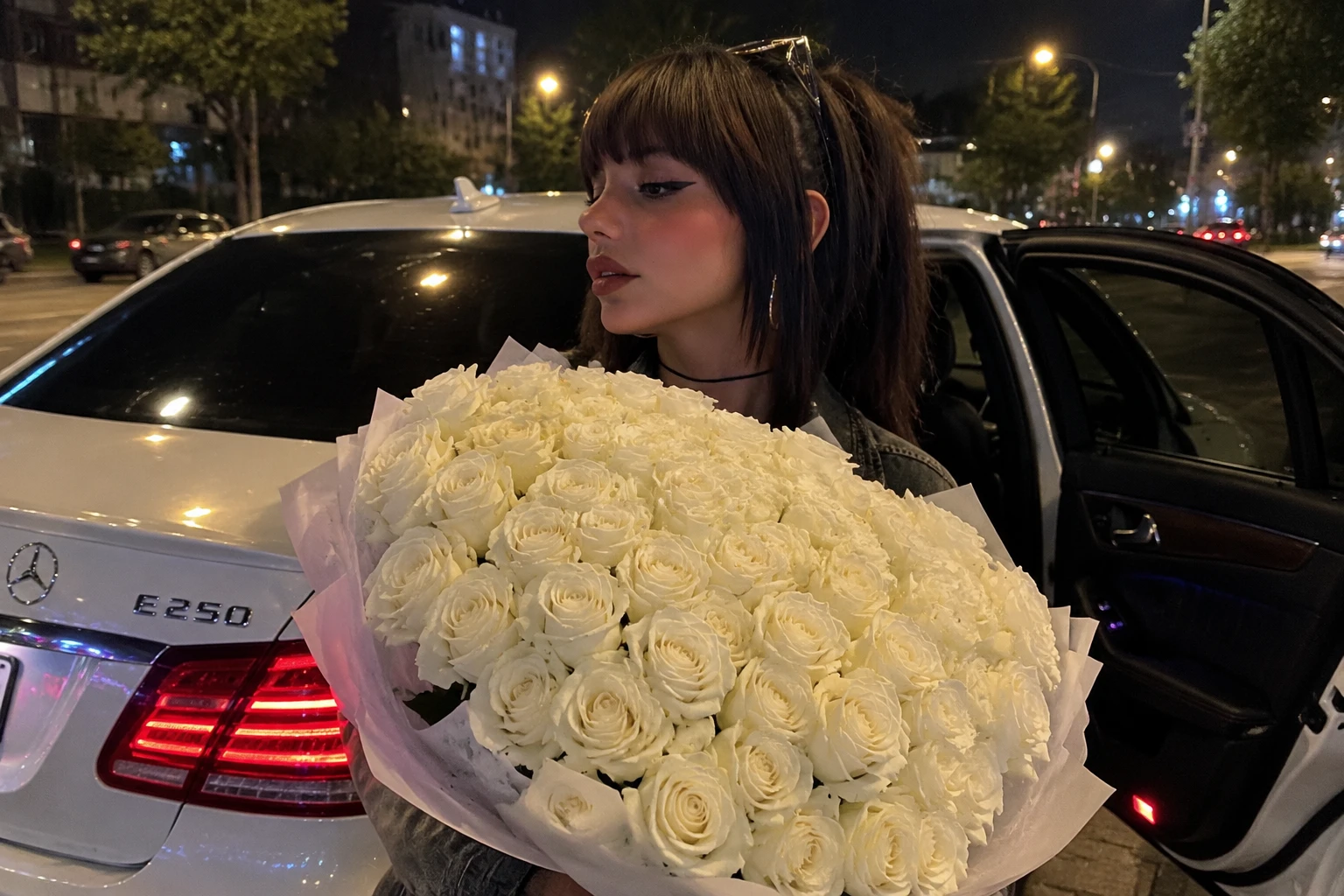 پرامپت دخترانه پروفایلی با دسته گل و مرسدس بنز